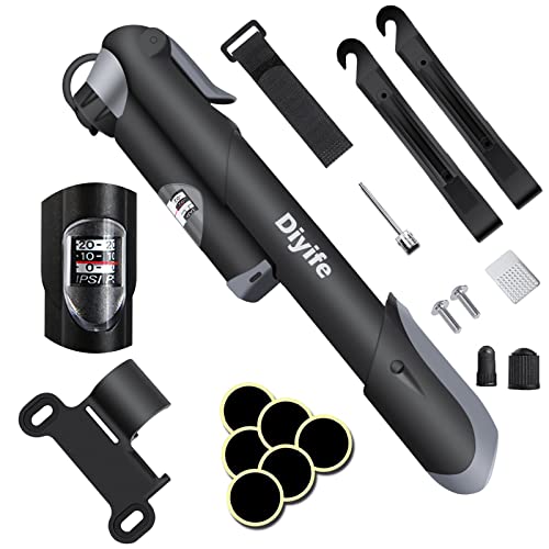 Diyife Bike Pump with Pressure Gauge, [120 PSI] [17 in 1] Mini Bicycle Pump for All Bikes, Ball Pump with Needle, Glueless Patch Kit, Cycle Valve Caps and Frame Mount, Fit Presta and Schrader Valve